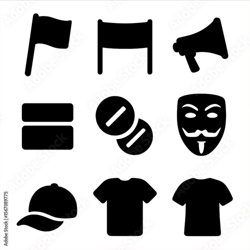 Protest Accessory Icons. Solid, filled icon set of protest accessories: flags, banners, megaphone, wristbands, buttons, stickers,