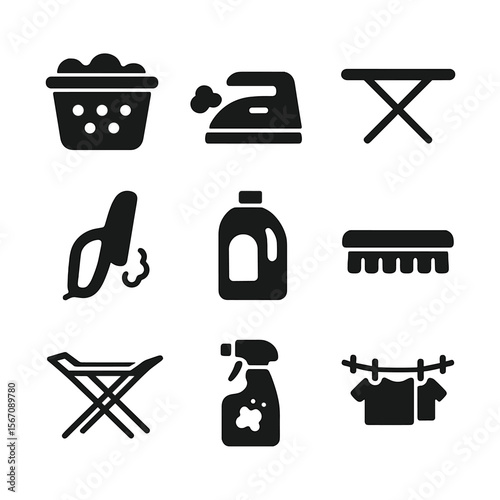 Laundry Icons Grid. Solid, filled icon set of laundry and closet maintenance: laundry basket, iron, ironing board, steamer,