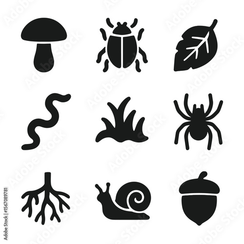 Forest Floor Icons. Solid, filled icons set of forest floor creatures across seasons: mushroom, beetle, fallen