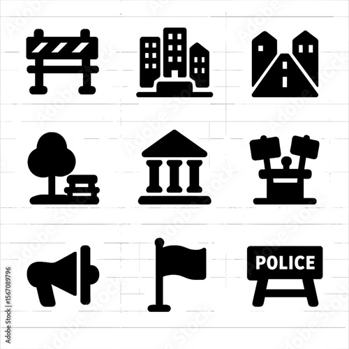 Protest Icon Grid. Solid, filled icon set of uprising places: barricade, city square, street, park, government building, rally