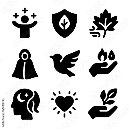 Forest Spirit Icons. Solid, filled icons set of forest spirit powers: healing aura, protection shield, forest
