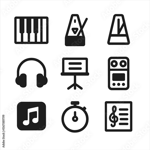 Music Practice Tools. Solid, filled icon set of music practice tools: piano keyboard, tuner, metronome, headphones, music stand,