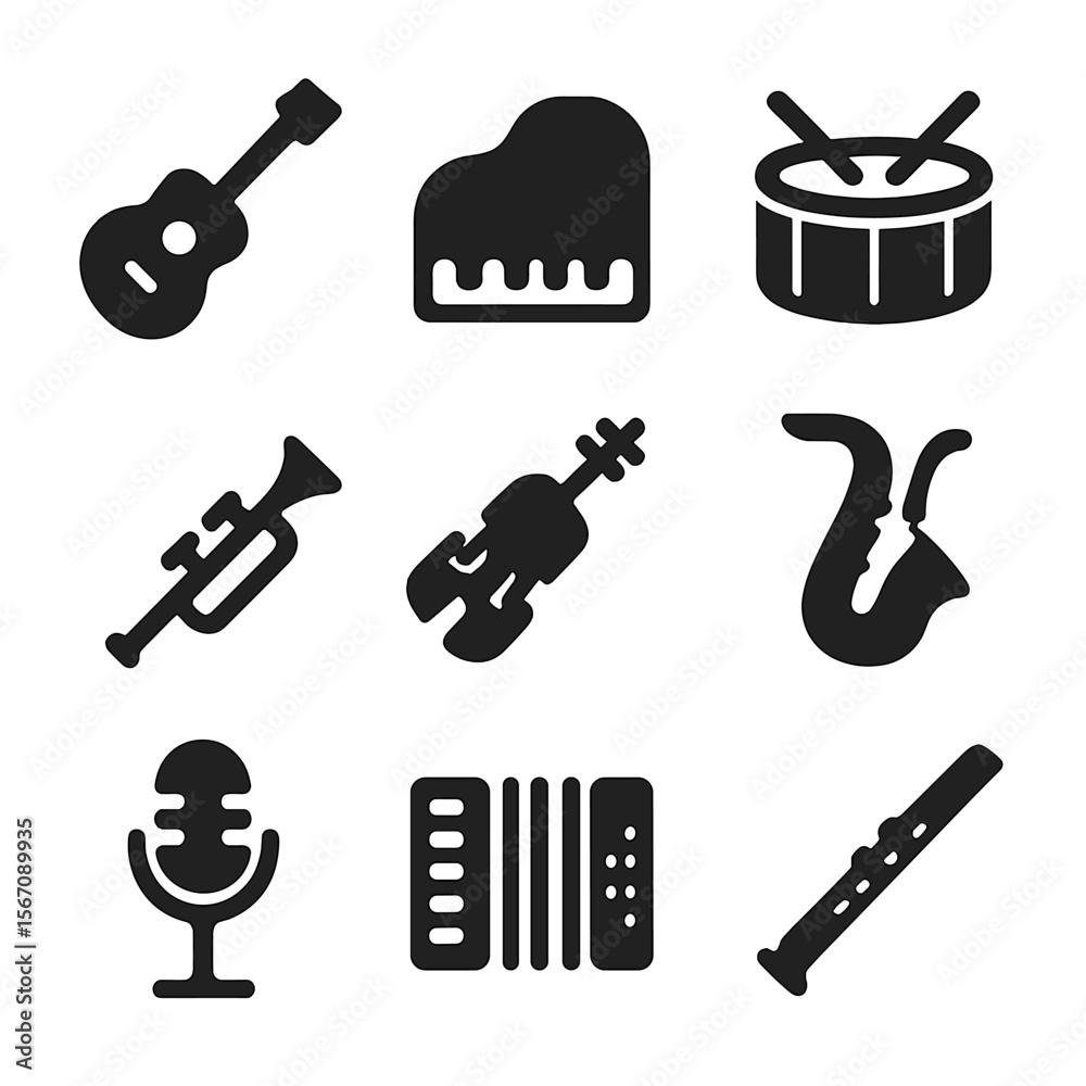 Obraz premium Musical Instruments Icons. Solid, filled icon set of Solid musical instruments: guitar, piano, drum, trumpet, violin, saxophone,