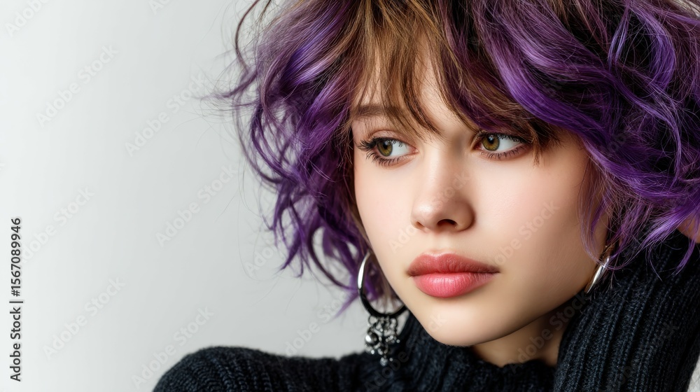 Fototapeta premium Trendy youth with purple curls on neutral backdrop