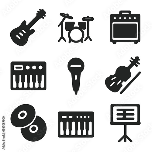 Musical Instrument Icons. Solid, filled icon set of musical instruments in heavy composition: electric guitar, drum set, amplifier