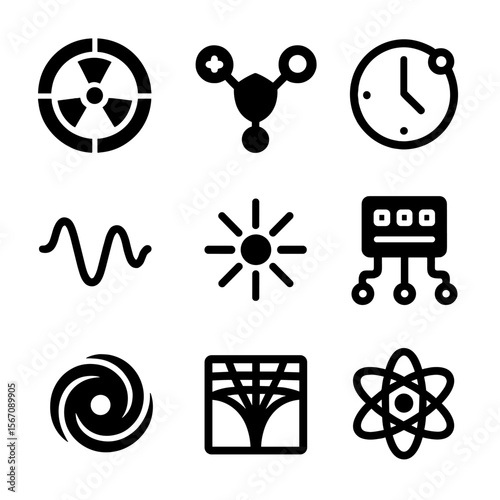 Quantum Theory Icons. Solid, filled icon set of quantum time theory: particle accelerator, entangled particles, quantum clock,