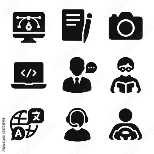 Freelance Icons Grid. Solid, filled icons set of freelance job types: graphic designer, writer, photographer,