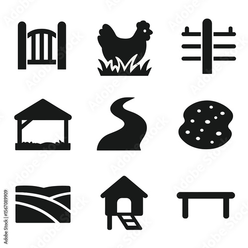 Free-Range Chicken Icons. Solid, filled icons set of free-range chicken setups: open gate, chicken in grass,