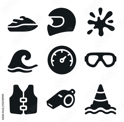 3D Jet Ski Icons. Solid, filled icons set of 3D jet ski fun: jet ski, helmet, splash trail, water wave, speed