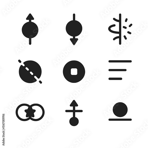 Quantum State Icons. Solid, filled icon set of quantum states and properties: spin up, spin down, coherence, decoherence, quantum