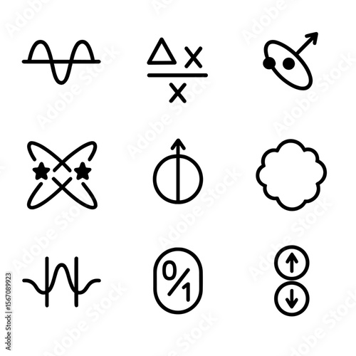 Quantum Mechanics Icons. Solid, filled icon set of quantum mechanics: wave function, uncertainty principle, quantum leap,