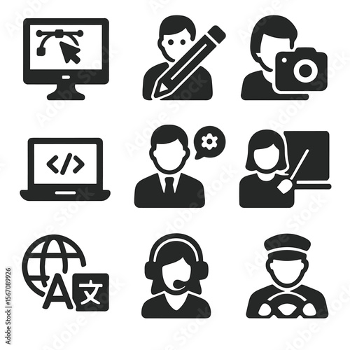Freelance Icons Grid. Solid, filled icons set of freelance job types: graphic designer, writer, photographer,