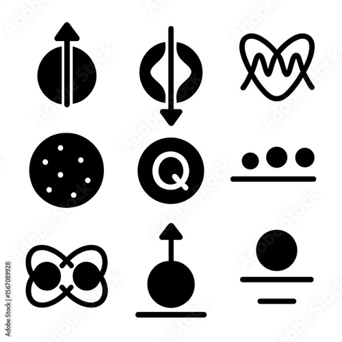 Quantum State Icons. Solid, filled icon set of quantum states and properties: spin up, spin down, coherence, decoherence, quantum