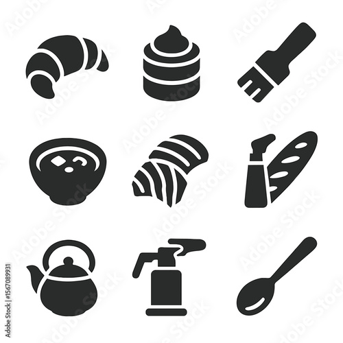 French-Japanese Fusion Icons. Solid, filled icons set of French-Japanese fusion: croissant roll, matcha