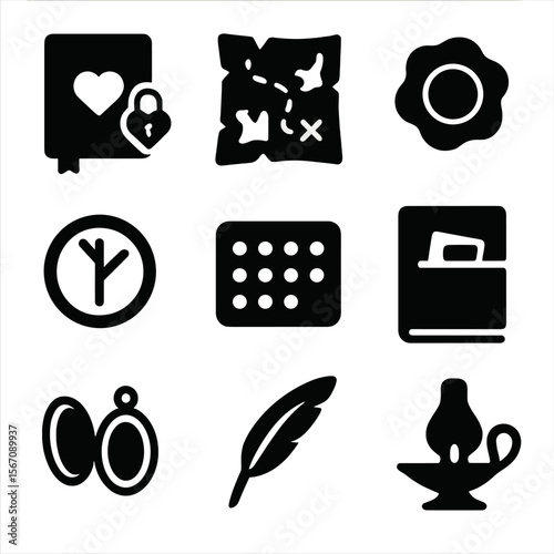 Mystery Journal Icons. Solid, filled icon set of mystery and old journals: secret diary, torn map, wax seal, mysterious rune,