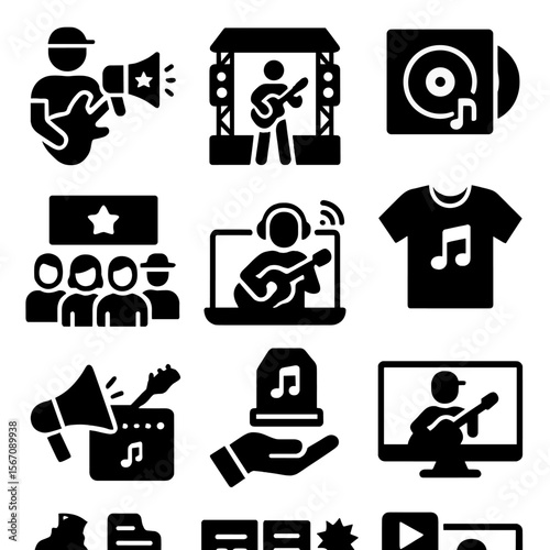 Musician Brand Icons. Solid, filled icon set of brand engagement with musicians: brand endorsement, concert sponsorship, record