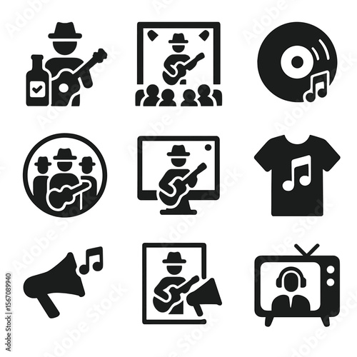 Musician Brand Icons. Solid, filled icon set of brand engagement with musicians: brand endorsement, concert sponsorship, record
