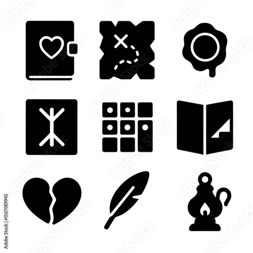 Mystery Journal Icons. Solid, filled icon set of mystery and old journals: secret diary, torn map, wax seal, mysterious rune,