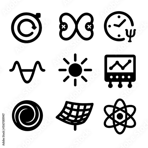 Quantum Theory Icons. Solid, filled icon set of quantum time theory: particle accelerator, entangled particles, quantum clock,