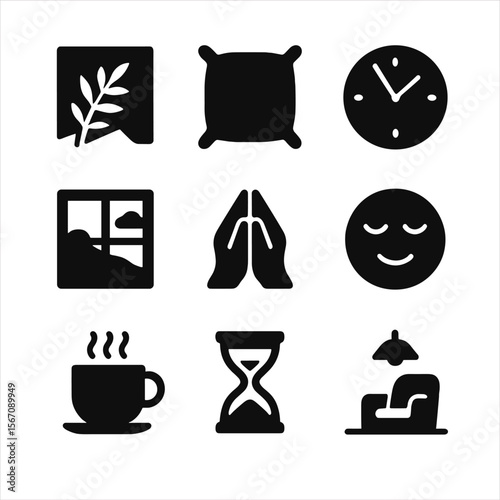 Quiet Contemplation Icons. Solid, filled icon set of quiet contemplation environment: shadow play, soft cushions, silent clock,