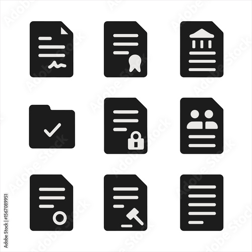 Legal Documents Icons. Solid, filled icon set of legal documents: contract paper, affidavit, court summons, legal memo, evidence