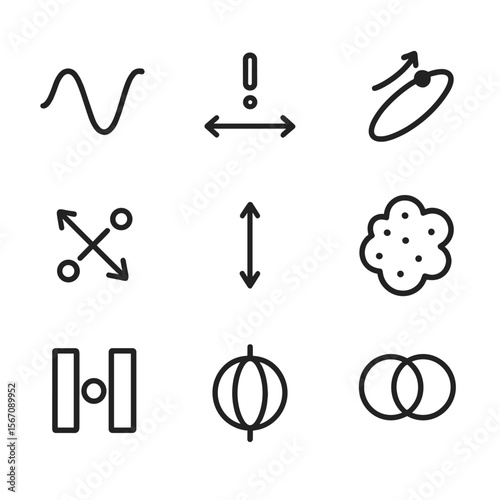 Quantum Mechanics Icons. Solid, filled icon set of quantum mechanics: wave function, uncertainty principle, quantum leap,