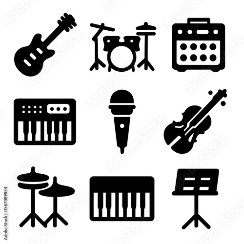 Musical Instrument Icons. Solid, filled icon set of musical instruments in heavy composition: electric guitar, drum set, amplifier