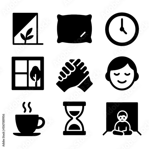 Quiet Contemplation Icons. Solid, filled icon set of quiet contemplation environment: shadow play, soft cushions, silent clock,
