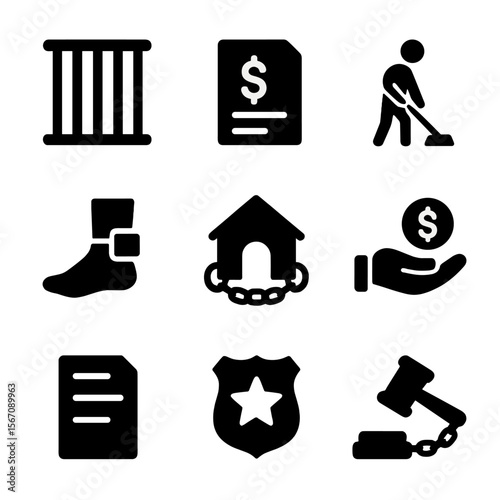 Legal Consequences Icons. Solid, filled icon set of legal consequences: prison bars, fine document, community service, probation