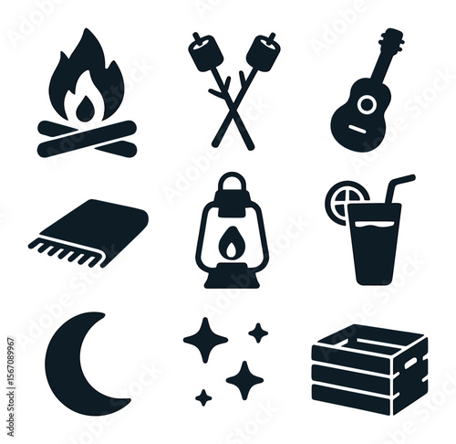 3D Beach Icons. Solid, filled icons set of 3D beach evening scene: bonfire, marshmallows, guitar, blanket,