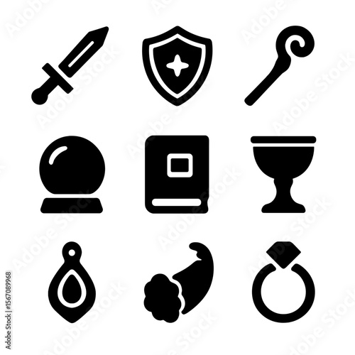 Mythical Icon Set. Solid, filled icon set of mythical weapons and artifacts: magic sword, enchanted shield, wizard staff, crystal