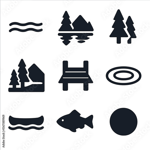 Freshwater Lake Icons. Solid, filled icons set of freshwater lakes with crystal-clear water: lake surface,
