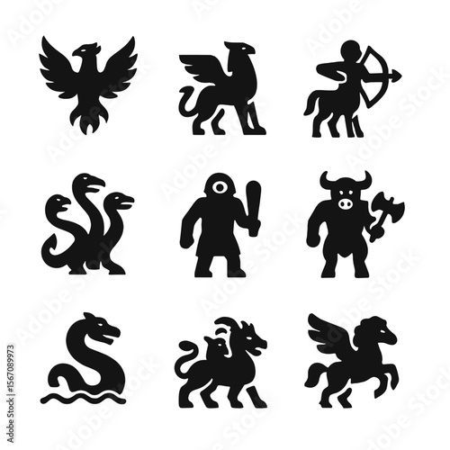 Mythical Creatures Icons. Solid, filled icon set of mythical creatures: phoenix, griffin, centaur, hydra, cyclops, minotaur, sea
