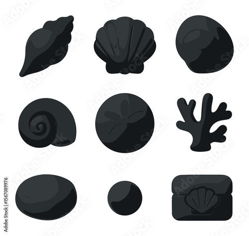 3D Seashell Icons. Solid, filled icons set of 3D seashell collection: conch, scallop, clam, spiral shell, sand