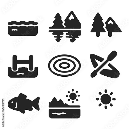 Freshwater Lake Icons. Solid, filled icons set of freshwater lakes with crystal-clear water: lake surface,