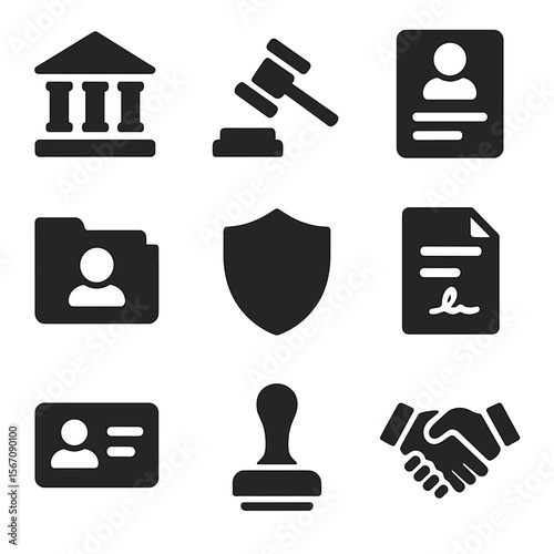 Legal Icons Grid. Solid, filled icon set of legal and policy elements: court building, judge gavel, birth certificate, custody