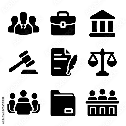 Legal Icons Grid. Solid, filled icon set of legal teams working on class action suits: lawyer group, legal briefcase, courthouse,