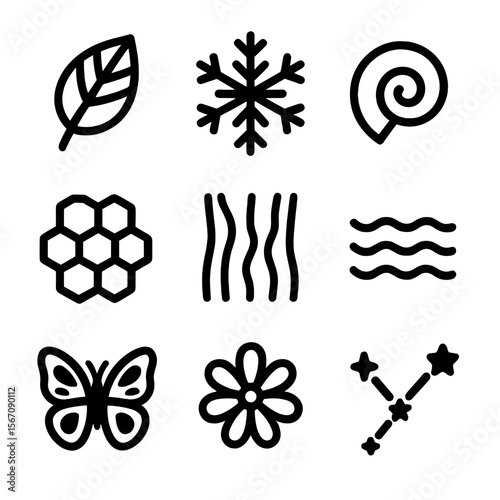 Nature Icon Collection. Solid, filled icon set of natural pattern inspirations: leaf veins, snowflake, shell spiral, honeycomb,