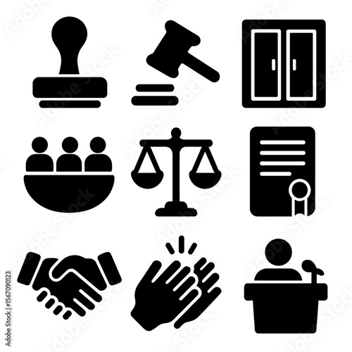 Legal Icons Grid. Solid, filled icon set of trial conclusion: verdict stamp, judge’s gavel, courtroom doors, jury decision, legal