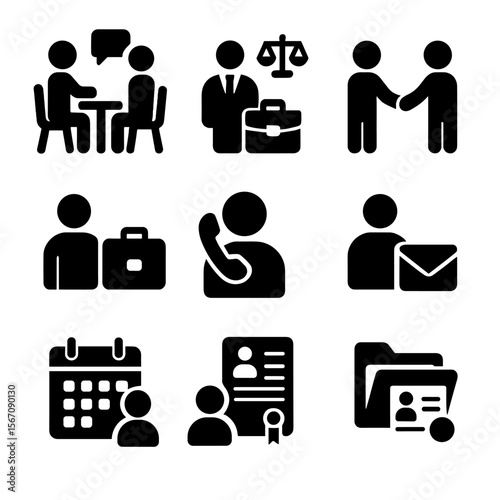 Legal Interaction Icons. Solid, filled icon set of client-lawyer interaction: consultation, legal advice, handshake, case briefing