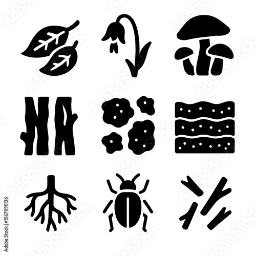 Nature Decay Icons. Solid, filled icon set of remains in nature decay: fallen leaves, dried flowers, mushroom spores, tree bark,