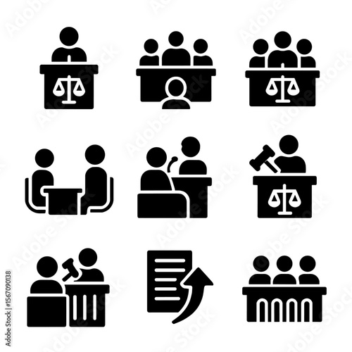 Legal Procedure Icons. Solid, filled icon set of legal procedures: trial, hearing, mediation, deposition, cross-examination,