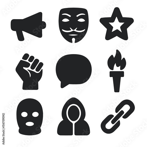 Rebel Icons Grid. Solid, filled icon set of rebel leaders and figures: megaphone, mask, star badge, raised fist, speech bubble,