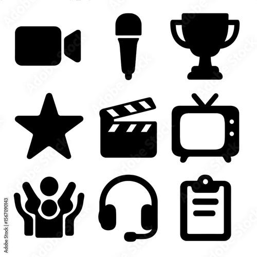 Reality TV Icons. Solid, filled icon set of reality TV characters: camera, microphone, trophy, star, clapperboard, TV screen,