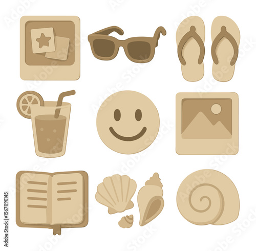 3D Summer Icon Set. Solid, filled icons set of 3D summer mood board: inspiration card, sunglasses, flip-flops,