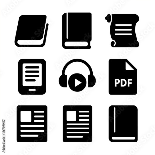 Reading Formats Icons. Solid, filled icon set of reading formats: paperback, hardcover, scroll, e-book, audiobook player, PDF file