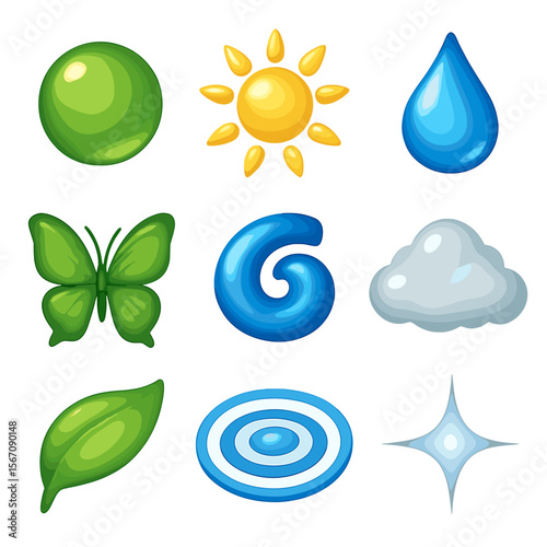 Frutiger Aero Icons. Solid, filled icons set of Frutiger Aero aesthetics: glossy orb, sunbeam, water droplet,