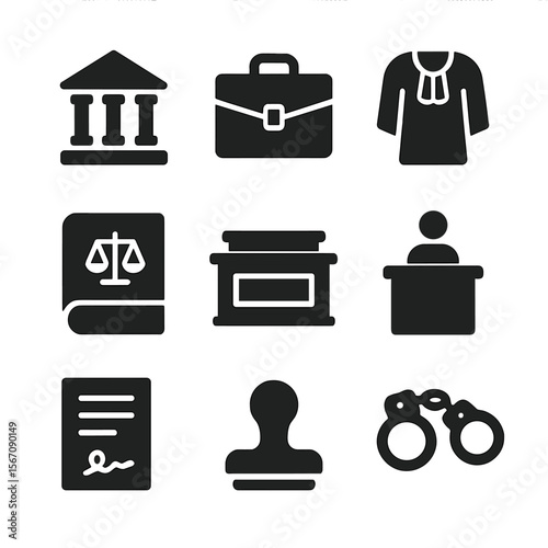 Legal Icons Grid. Solid, filled icon set of legal process symbols: court building, lawyer briefcase, judge robe, legal book,