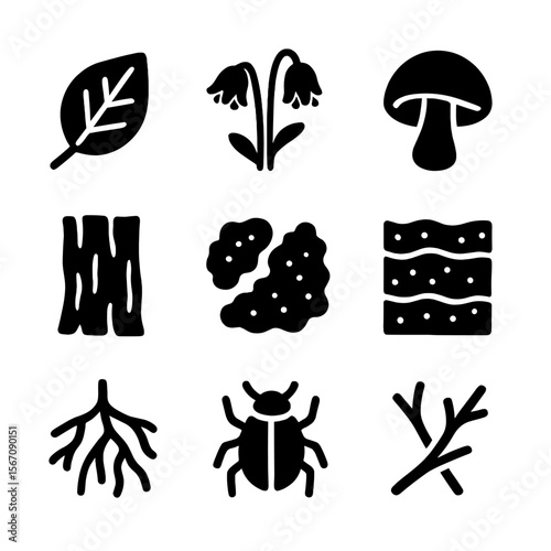 Nature Decay Icons. Solid, filled icon set of remains in nature decay: fallen leaves, dried flowers, mushroom spores, tree bark,
