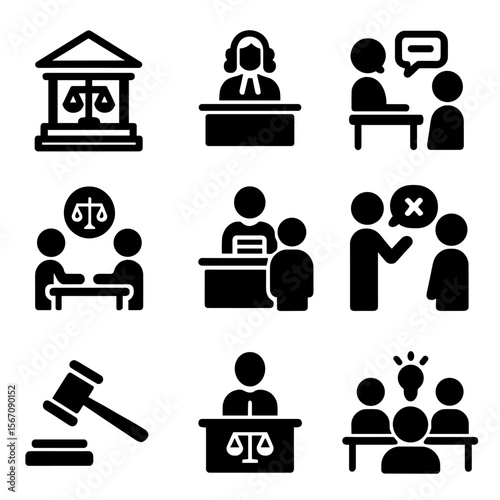 Legal Procedure Icons. Solid, filled icon set of legal procedures: trial, hearing, mediation, deposition, cross-examination,